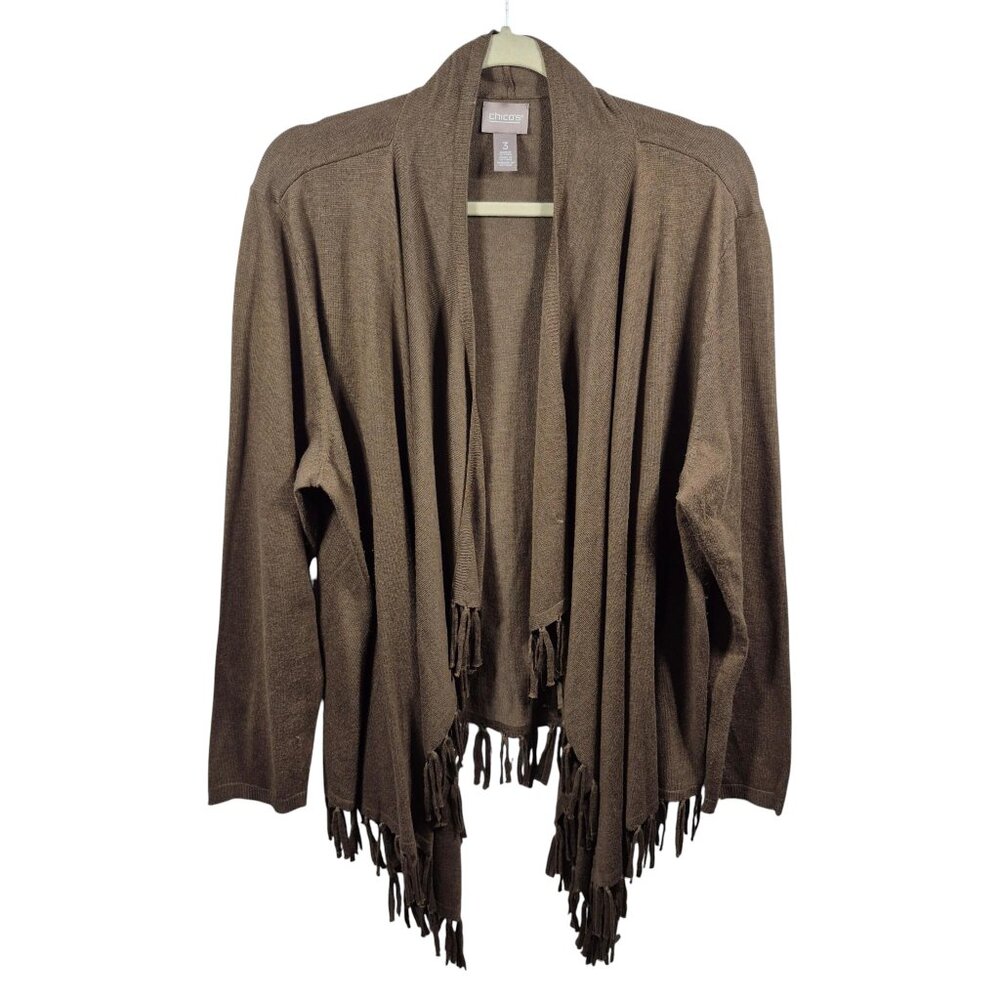 Chicos Sweater Womens Large Open Front Cardigan Long Sleeve Fringes Boho Western